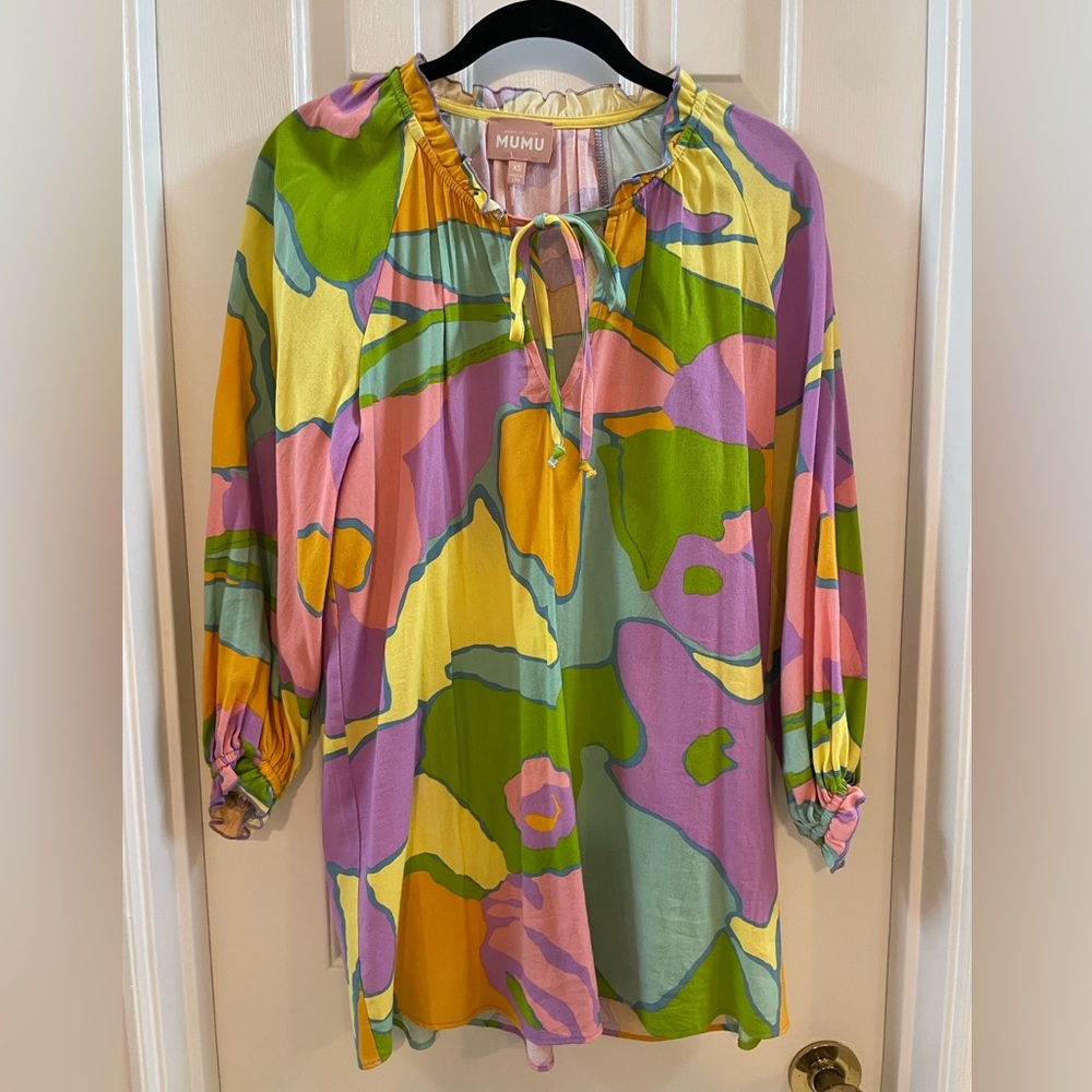 Women's Multi-Color Abstract Print Peasant Top